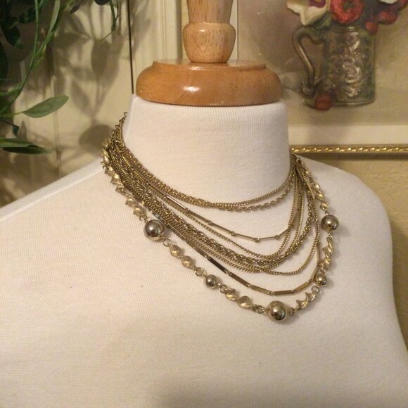 Vintage 1960s Gold Tone Multilayer Necklace - Picture 2 of 7